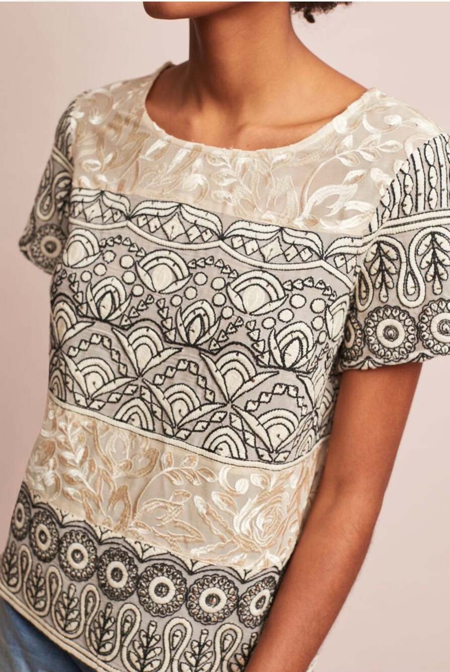 Anthropologie Meadow Rue Frieze Embroidered Beaded Short Sleeve Blouse NWOT